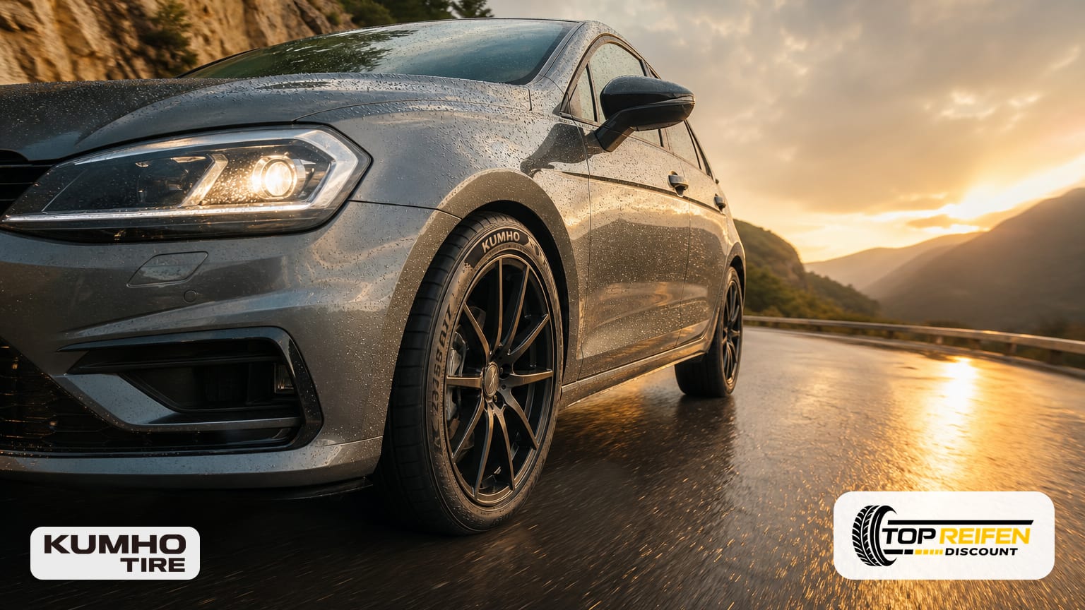 Dynamic three-quarter front view of a compact car with KUMHO HS52 205/45 R17 on a slightly wet summer road at sunset; tyres clearly visible.