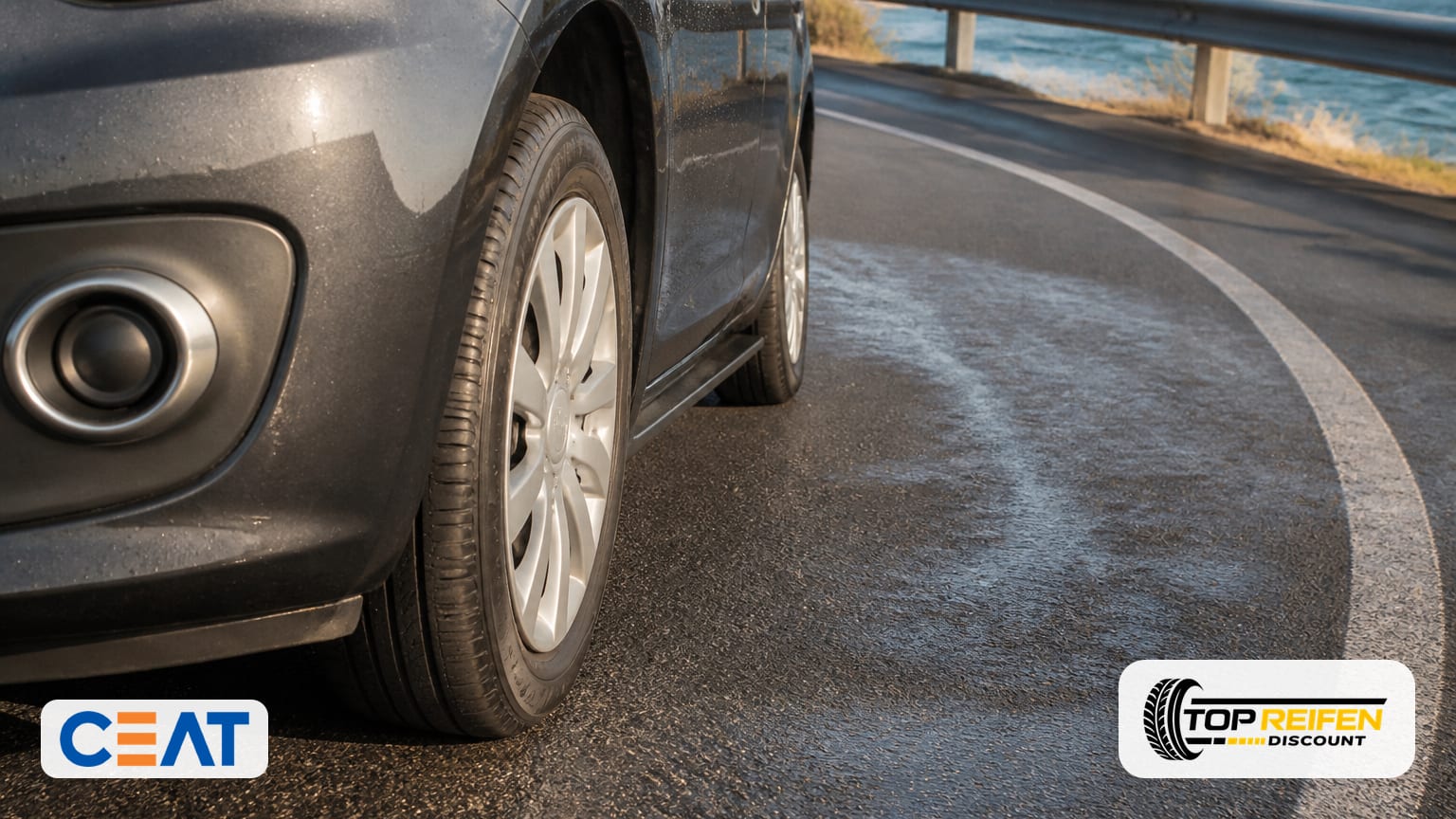 High-angle view of a compact car cornering: the CEAT ECODRI 155/65 R13 shows a firm contact patch on sunlit, slightly damp asphalt.