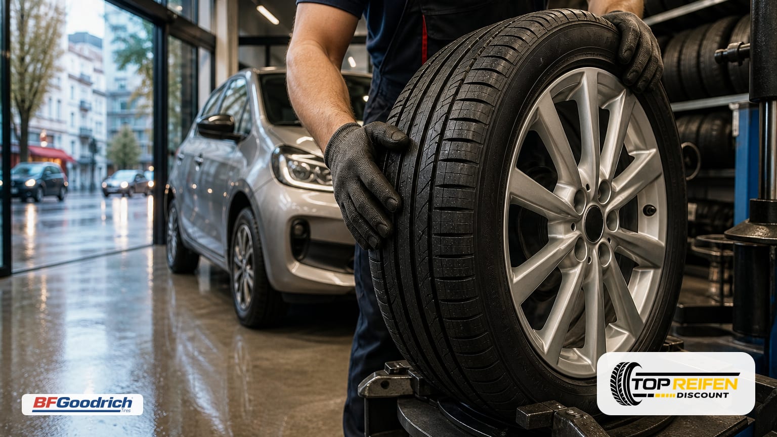 In einer modernen Werkstatt wird ein BFGOODRICH BF-GOODR URBAN 235/55 R18 auf eine 18-Zoll-Felge montiert; warme Beleuchtung, Nässe draußen, Fokus auf Profil und 3PMSF-Symbol.