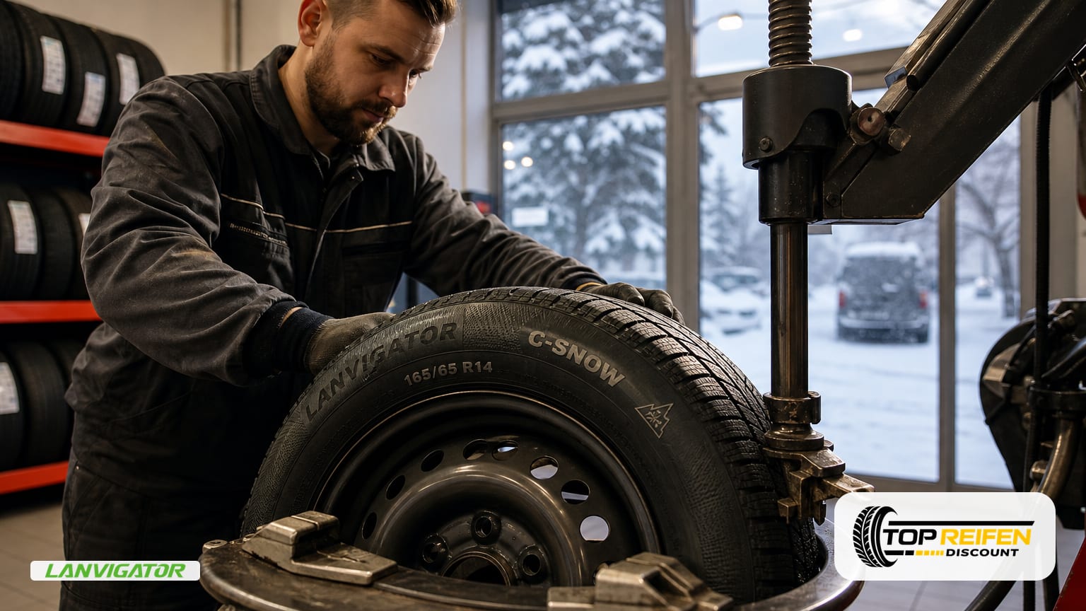 Tyre shop scene: technician mounting the LANVIGATOR LANVIGAT C-SNOW 165/65 R14 onto a 14-inch steel wheel under warm workshop lights, light snow visible outside.