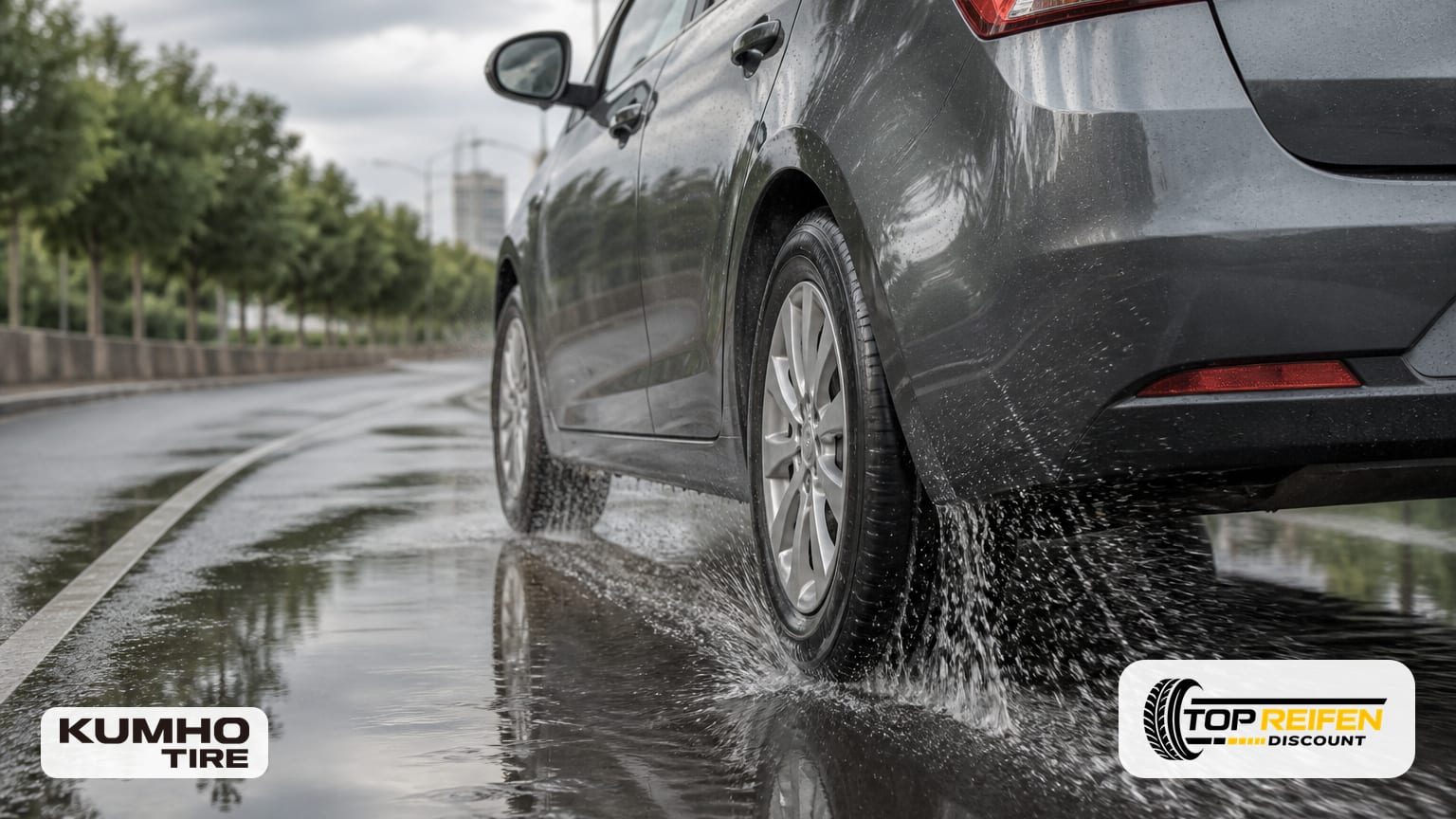 Rückansicht eines PKW mit KUMHO ES31 195/65 R15 auf nasser Straße, mit Sprühwasser und Reflexionen unter grauem Himmel.