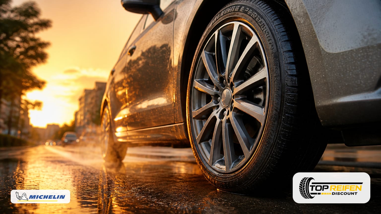 Low wide-angle view at road level beside a car’s front wheel with MICHELIN E-PRIM 175/65 R17 summer tyre, wet asphalt and golden-hour reflections.