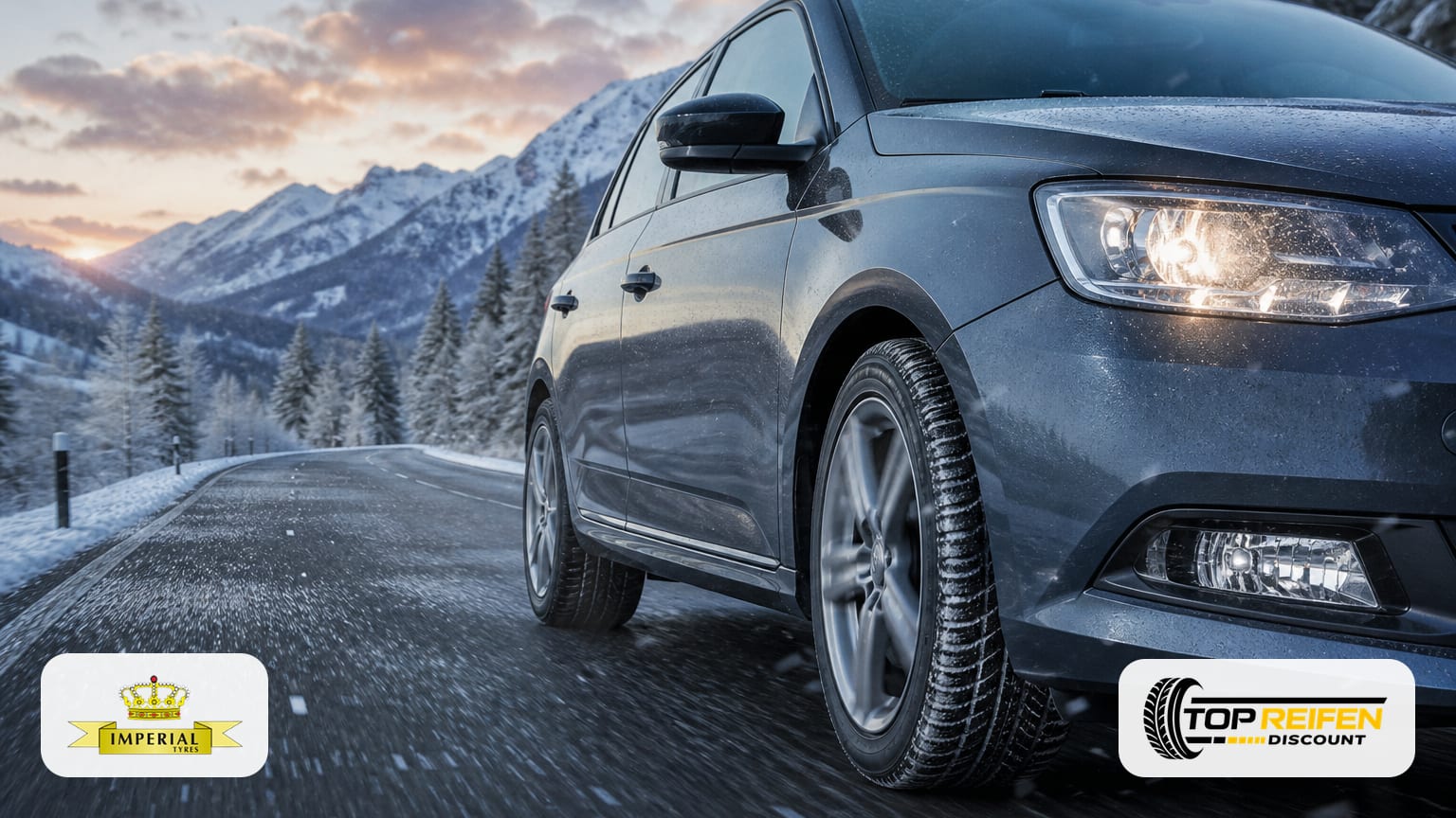 Dynamic three-quarter front shot of a car on a wet, frosty road with IMPERIAL SNO-HP 185/60 R16 winter tyres in sharp focus; background motion blur.
