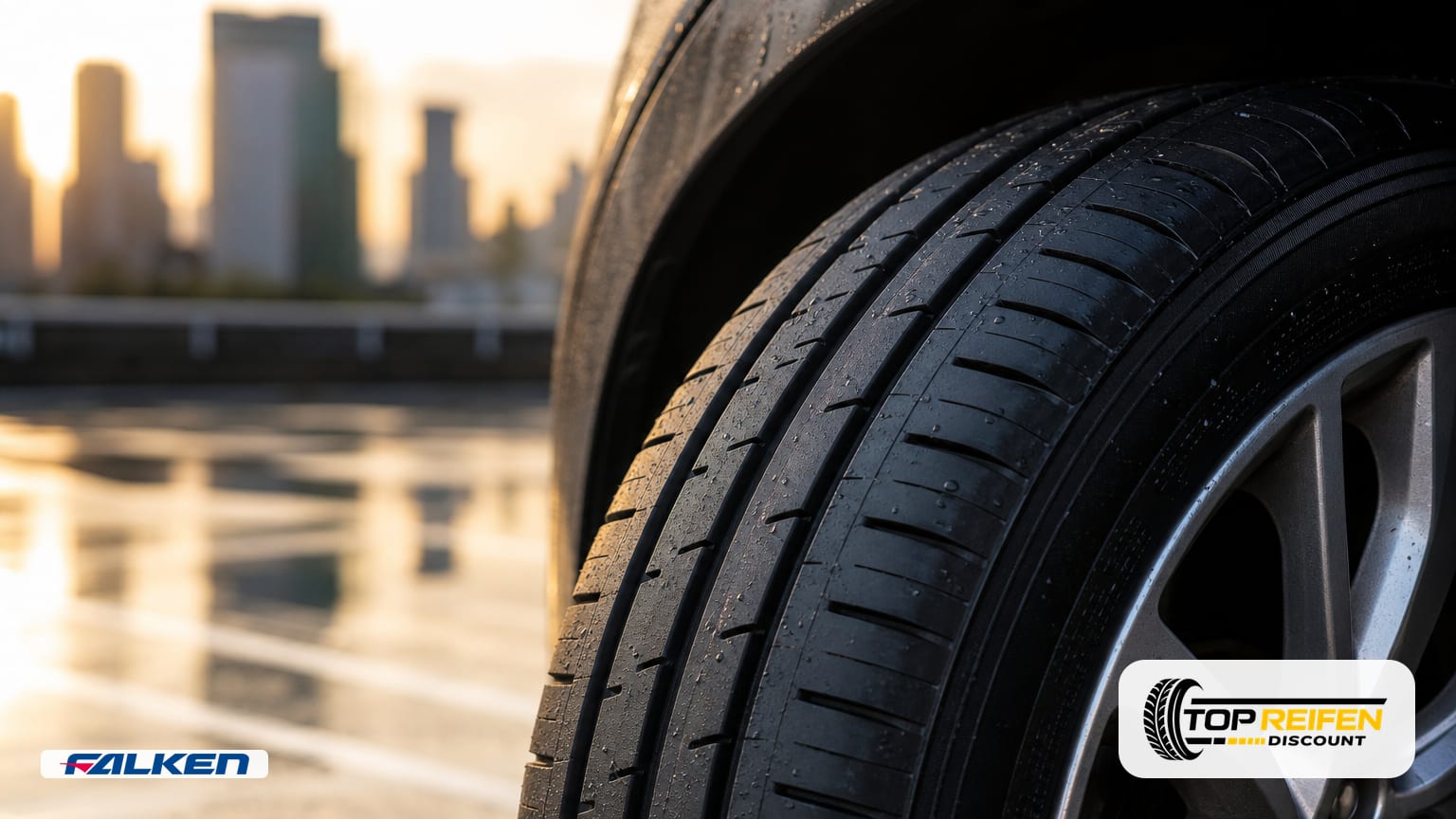 Extreme close-up of the FALKEN SN110A 175/65 R17 summer tyre on a rooftop car park after rain, warm morning light revealing fine tread and sidewall detail.