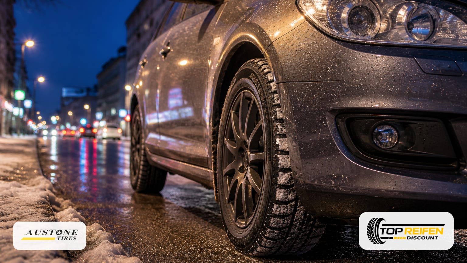 AUSTONE SP901 winter tyre 165/70 R14 on a parked city car at night, wet asphalt reflecting streetlights