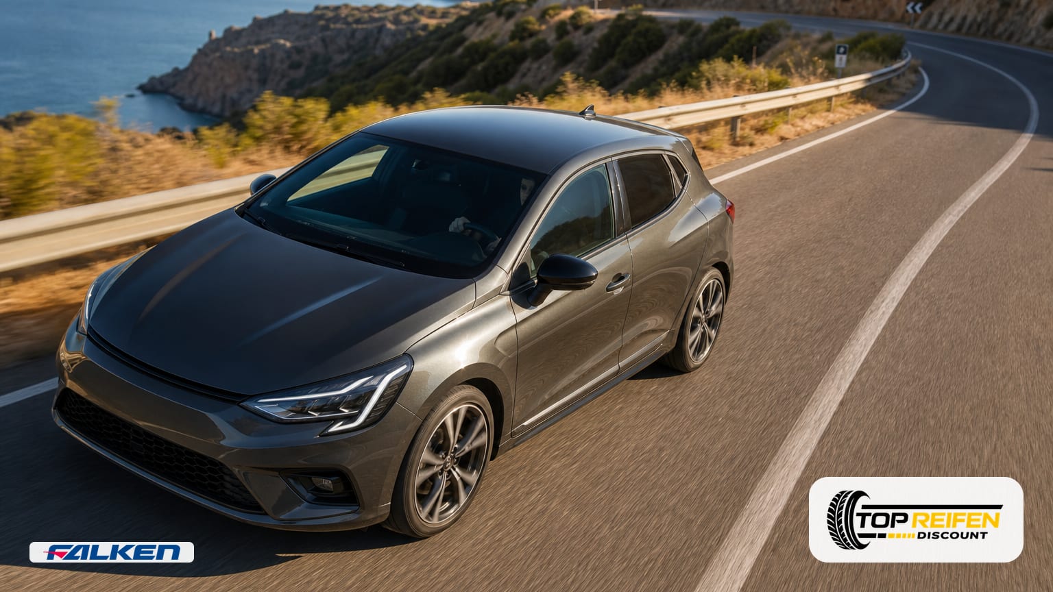 High-angle view of a compact car carving a summer bend; focus on the FALKEN SN110A 175/65 R17 contact patch on warm asphalt.