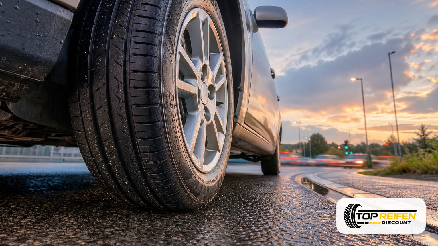 Niedrige Weitwinkel-Perspektive direkt neben dem Vorderreifen eines Kompaktwagens mit APLUS A-PLUS A609 185/60 R14; feuchter Sommerasphalt, goldenes Abendlicht, deutlich sichtbare vier Längsrillen.
