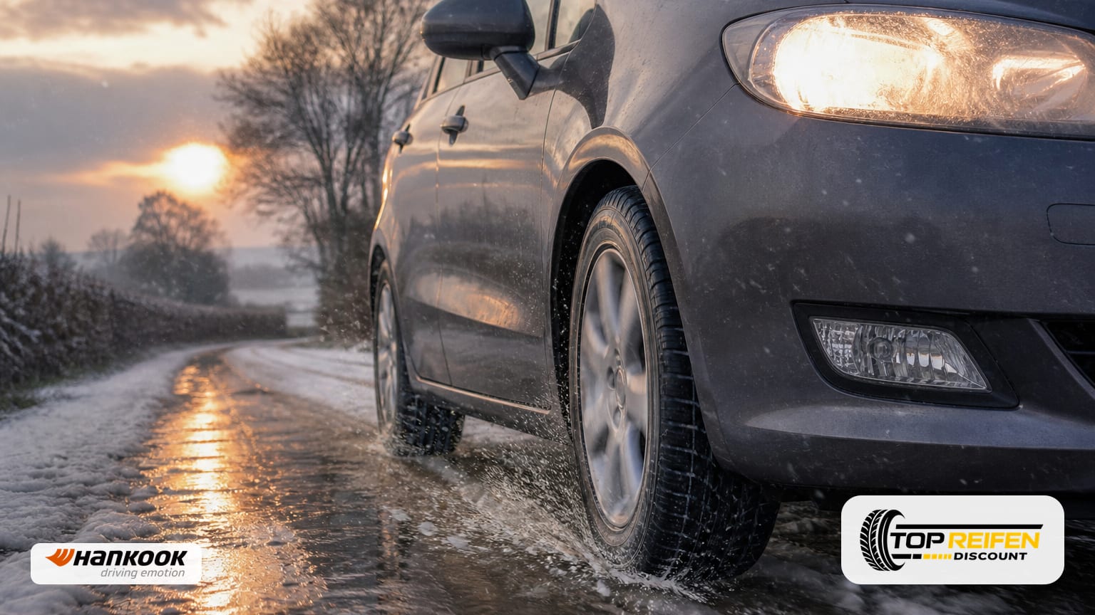 Kompaktwagen auf winterlicher Landstraße bei leichtem Schneefall; Nahaufnahme aus niedriger Perspektive auf den Vorderreifen HANKOOK W462 195/65 R15.