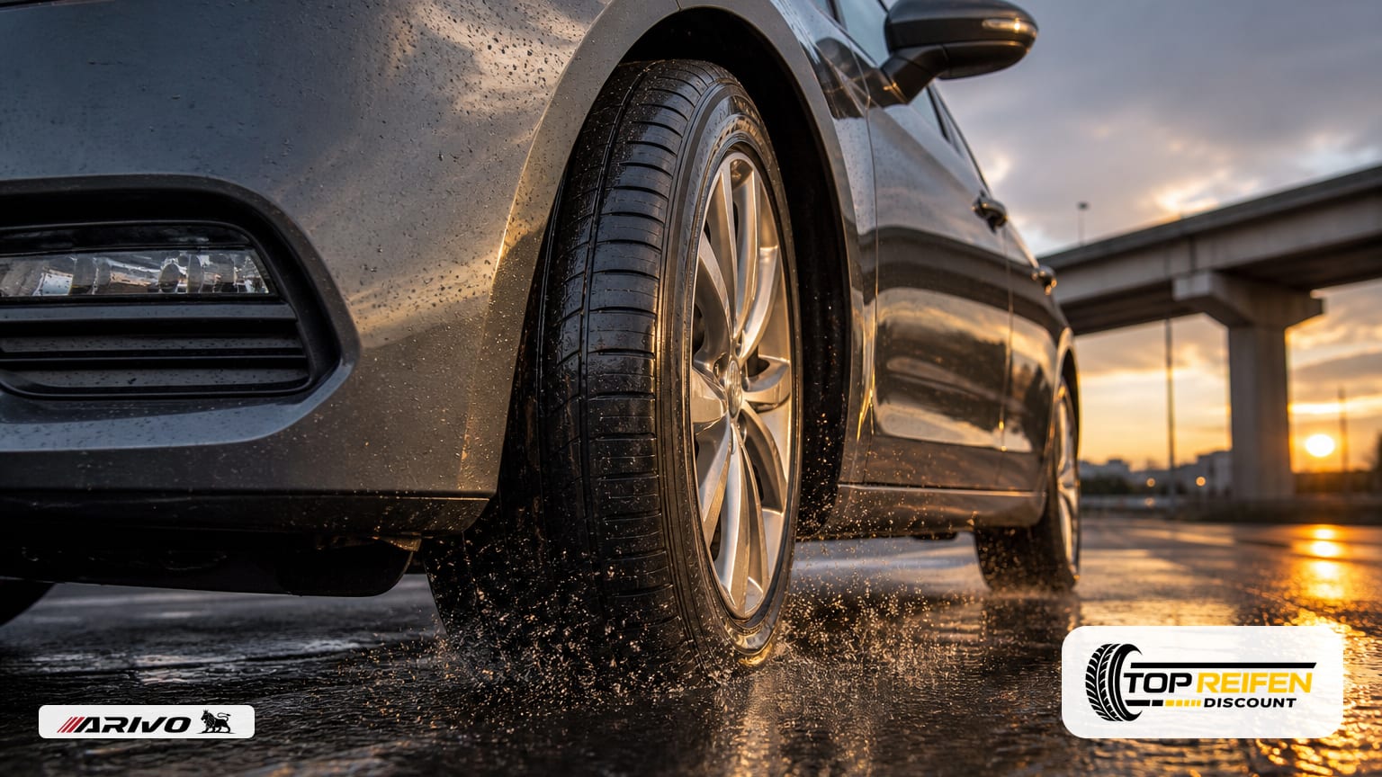 Niedrige Weitwinkelaufnahme neben dem Vorderreifen: Ein PKW mit ARIVO ARZ5 205/55 R16 Sommerreifen fährt über nassen Asphalt bei Abendlicht, dynamische, stabile Perspektive.