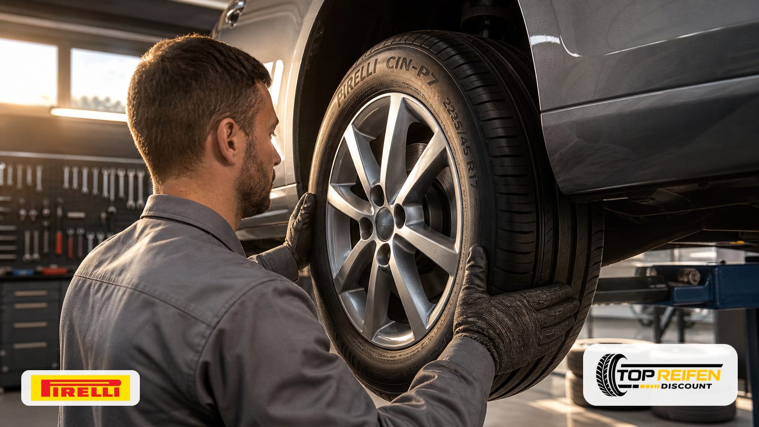 Mechaniker montiert einen PIRELLI CIN-P7 225/45 R17 in einer modernen, warm ausgeleuchteten Werkstatt auf eine 17-Zoll-Alufelge; Sommerstimmung, professionelle Atmosphäre.