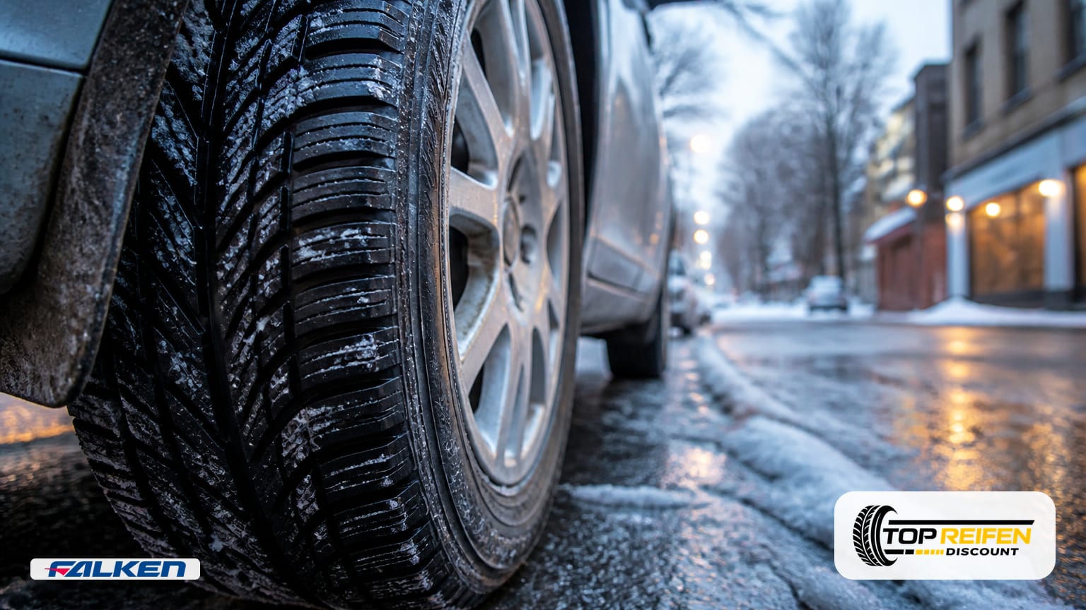 Extreme close-up of the FALKEN HS01 185/55 R15 on a car at a frosty dawn, showing fine tread sipes and sidewall details against a wet, slushy street.