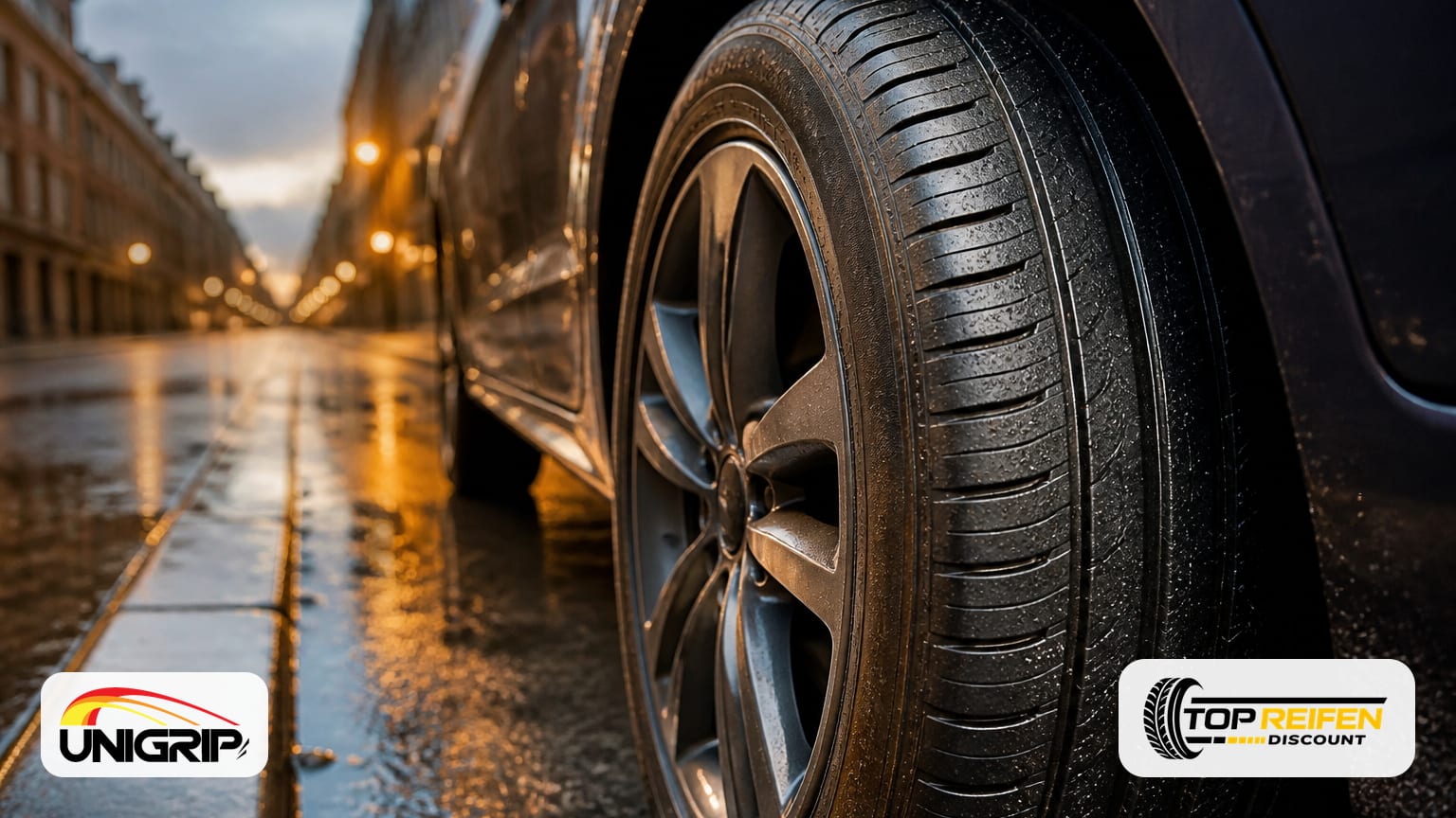 Extremes Nahaufnahmefoto des UNIGRIP SP-PRO 205/50 R16 Sommerreifens auf nasser Stadtstraße im Morgenlicht, mit scharfem Profil und Seitenwand-Logo.