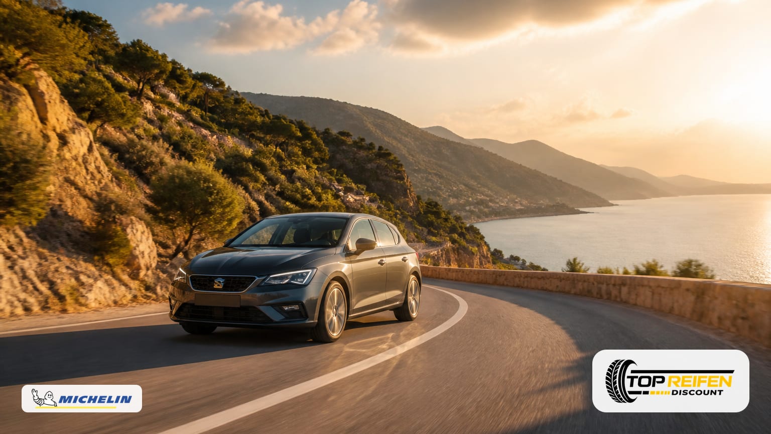 Golden-hour summer coastal road with a small car in a wide landscape, low front angle, calm and efficient driving mood.