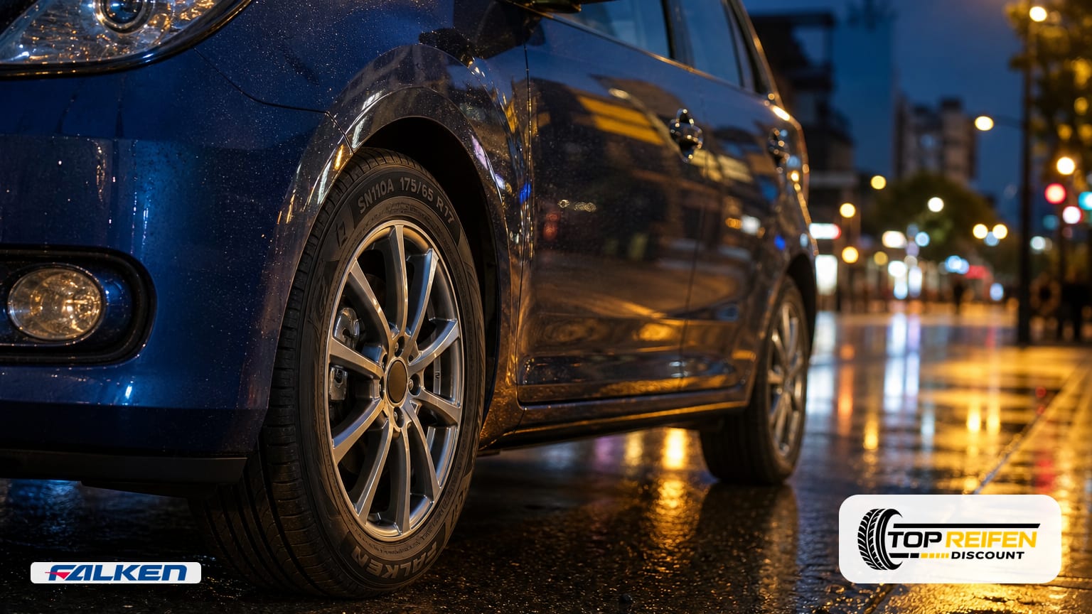 Close-up of a FALKEN SN110A 175/65 R17 on a city car at dusk with wet street reflections and urban lights