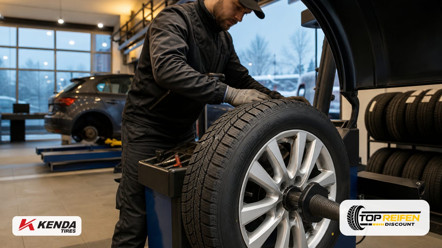 In einer modernen Werkstatt montiert ein Techniker einen KENDA KR501 185/60 R15 Winterreifen auf eine Felge; warme Beleuchtung, winterliche Szene vor dem Fenster.
