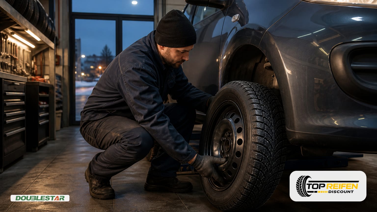Mechaniker montiert einen DOUBLESTAR DOUBLEST DW08 175/70 R14 Winterreifen an einem Kleinwagen in einer modernen, hellen Werkstatt.