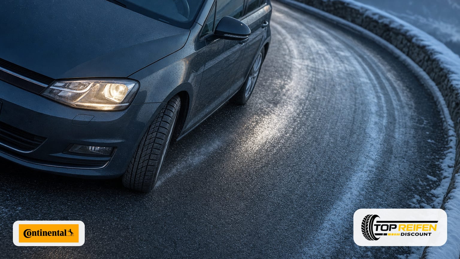 Hochwinkel-Aufnahme eines PKW in einer winterlichen Kurve; der CONTINENTAL CONTI TS 850 205/55 R16 zeigt deutlich sichtbaren Aufstandspunkt auf nassem, leicht verschneitem Asphalt.
