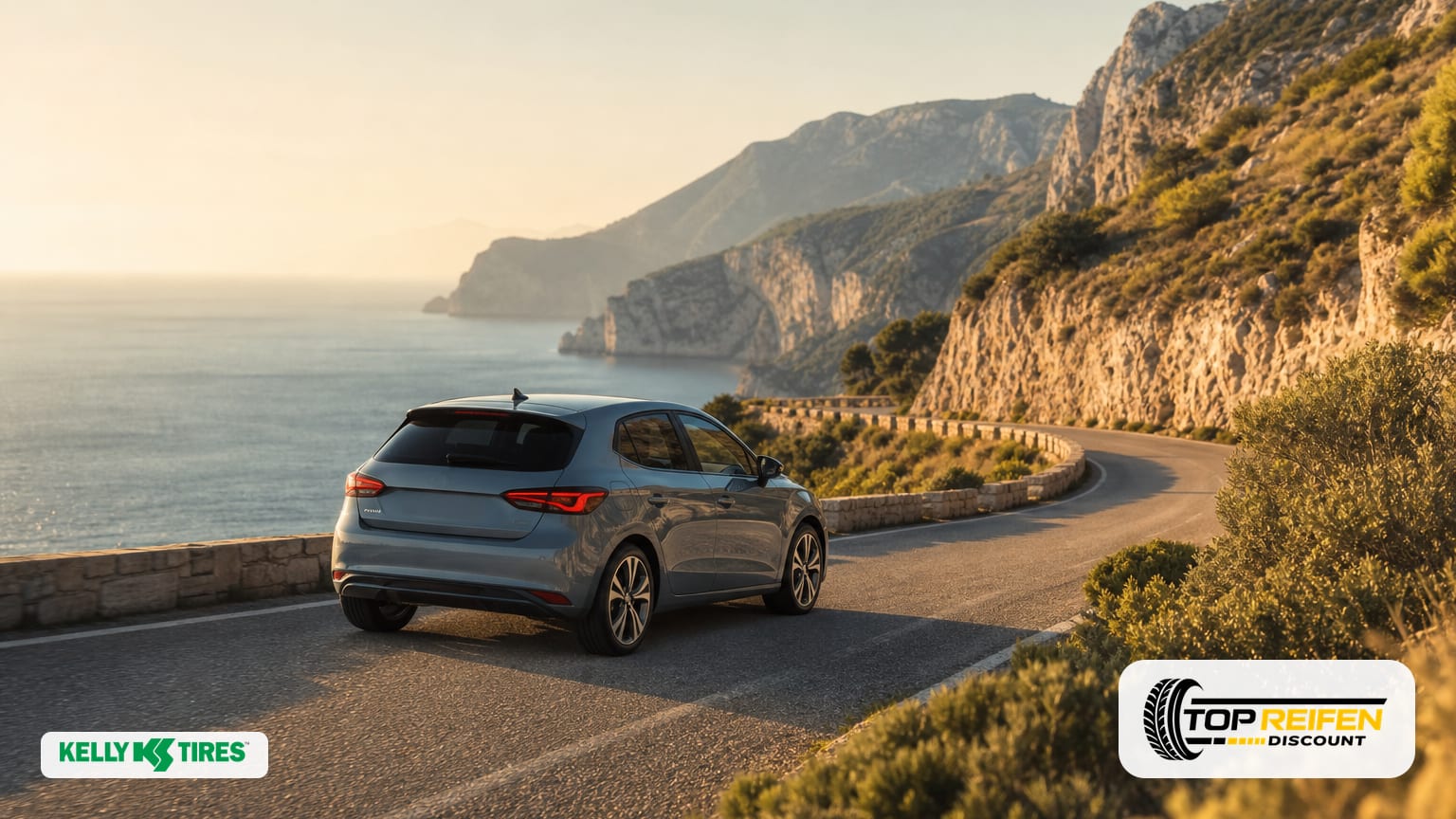Kleines Auto auf einer kurvigen Küstenstraße bei goldener Stunde; weite Sommerlandschaft, warmes Licht und ruhige Stimmung – ideal für einen PKW-Sommerreifen.