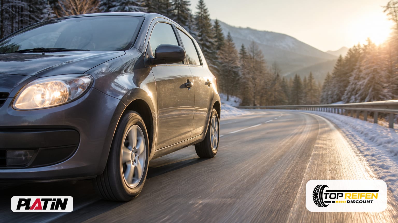 Compact car on a damp winter road at sunrise with PLATIN RP-60 (165/65 R14) tyres in sharp focus, dynamic three-quarter view and slight motion blur.