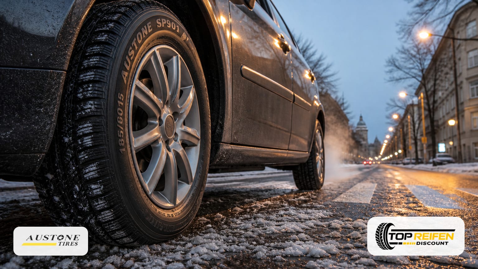 Bodennaher Weitwinkel: Vorderreifen AUSTONE SP901 185/60 R15 rollt durch nassen Schneematsch bei Dämmerung, kompakter PKW, dramatische Perspektive.