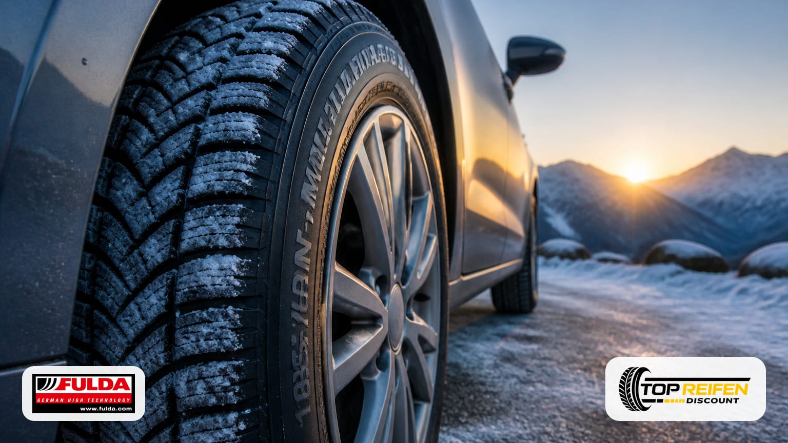 Makroaufnahme des FULDA MONT-3 Winterreifens 185/65 R15 mit feinen Profilkanten und Seitenwand im kalten Morgenlicht auf leicht verschneiter Bergstraße.